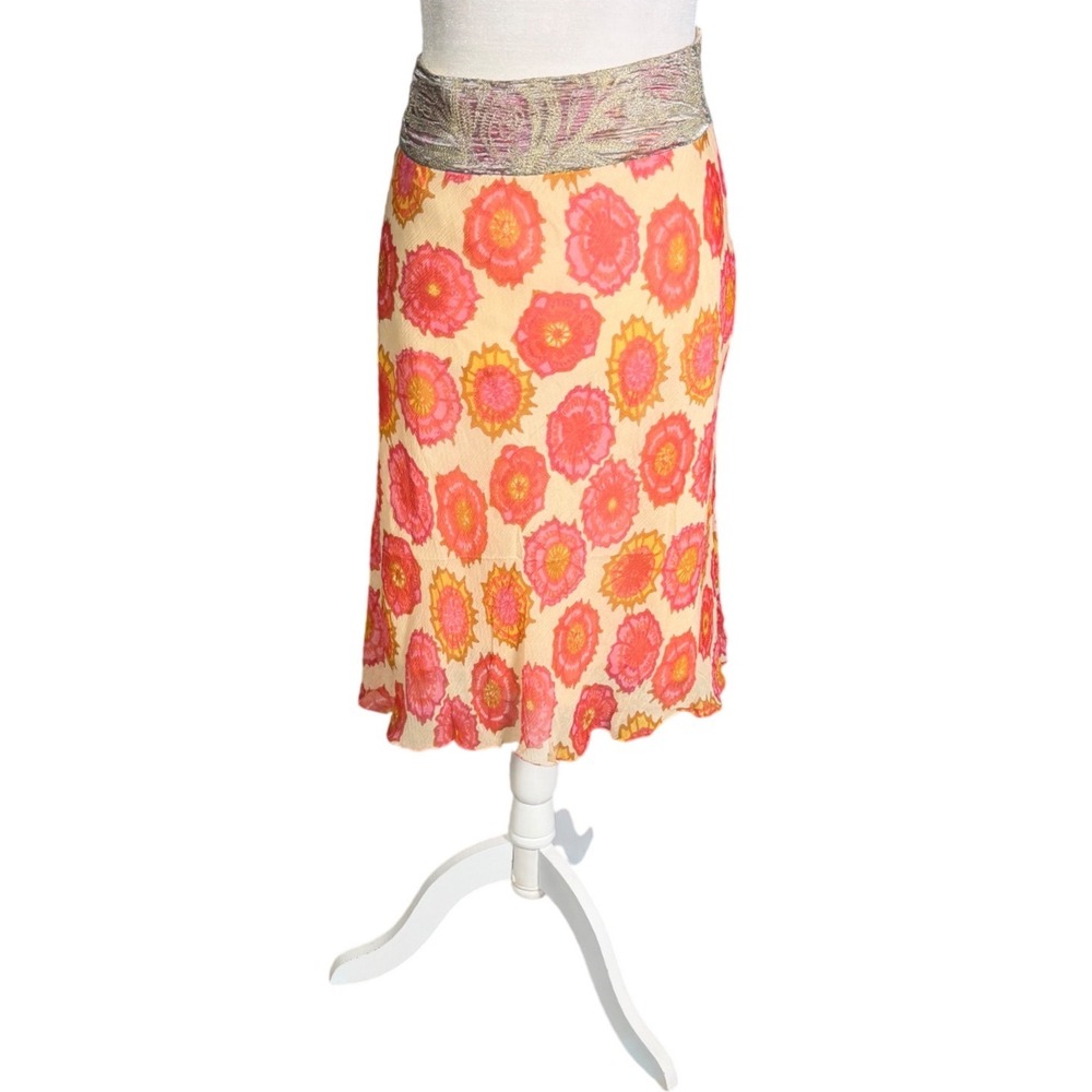 Vintage Y2K Intuitions Silk Floral Midi Skirt Size 10 Boho Metallic Waist